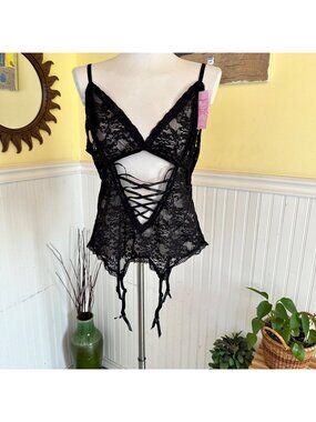 NWT Sheer Black Lace Lingerie Bustier Adjustable Straps & Garter Straps Size 3X